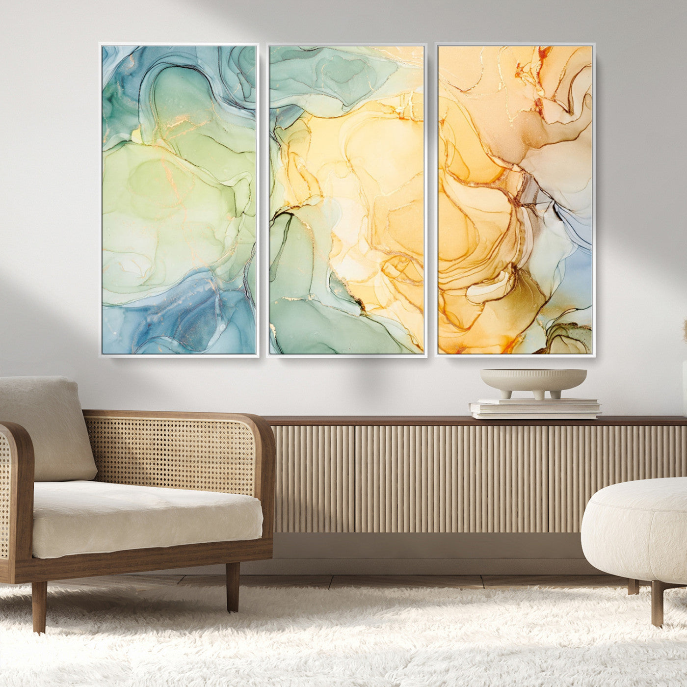 42195-MGV-FC-48X32-3P_White-Green and Yellow Marble Fluid Effect Wall Art, Green and Yellow Marble Canvas Wall Art Print