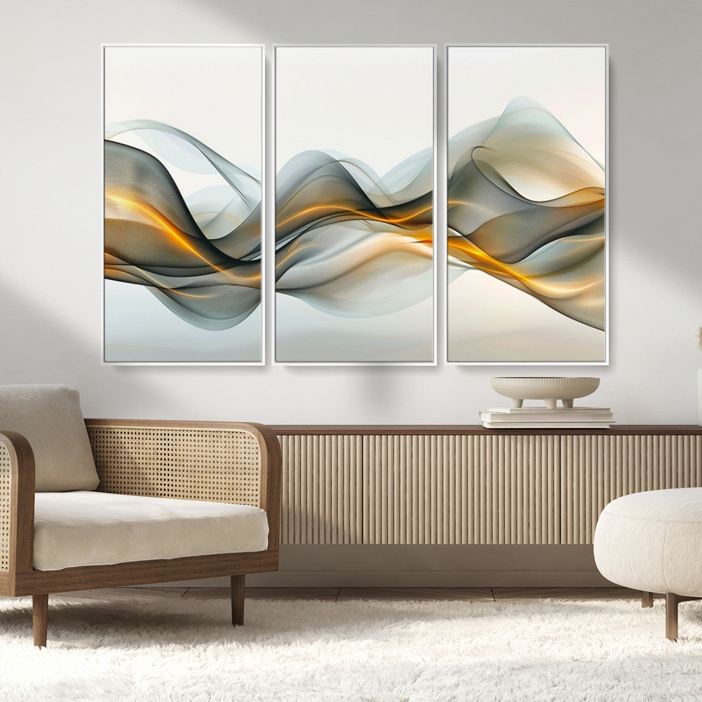 ES1001-MGV-FC-48X32-3P_White-Abstract Wave Canvas Wall Art – Fluid Contemporary Elegance in Motion – Ready to Hang