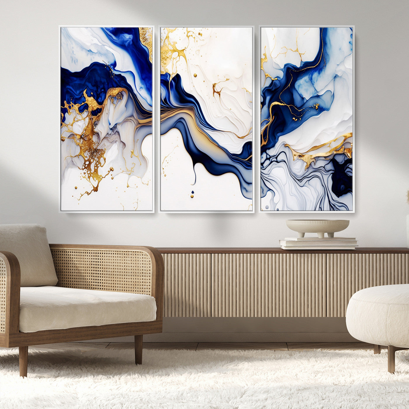 93392-MGV-FC-48X32-3P_White-Golden Cascades on Midnight Blue – Deep Blue Abstract Wall Art Flowing Elegance | Wall Art Canvas,