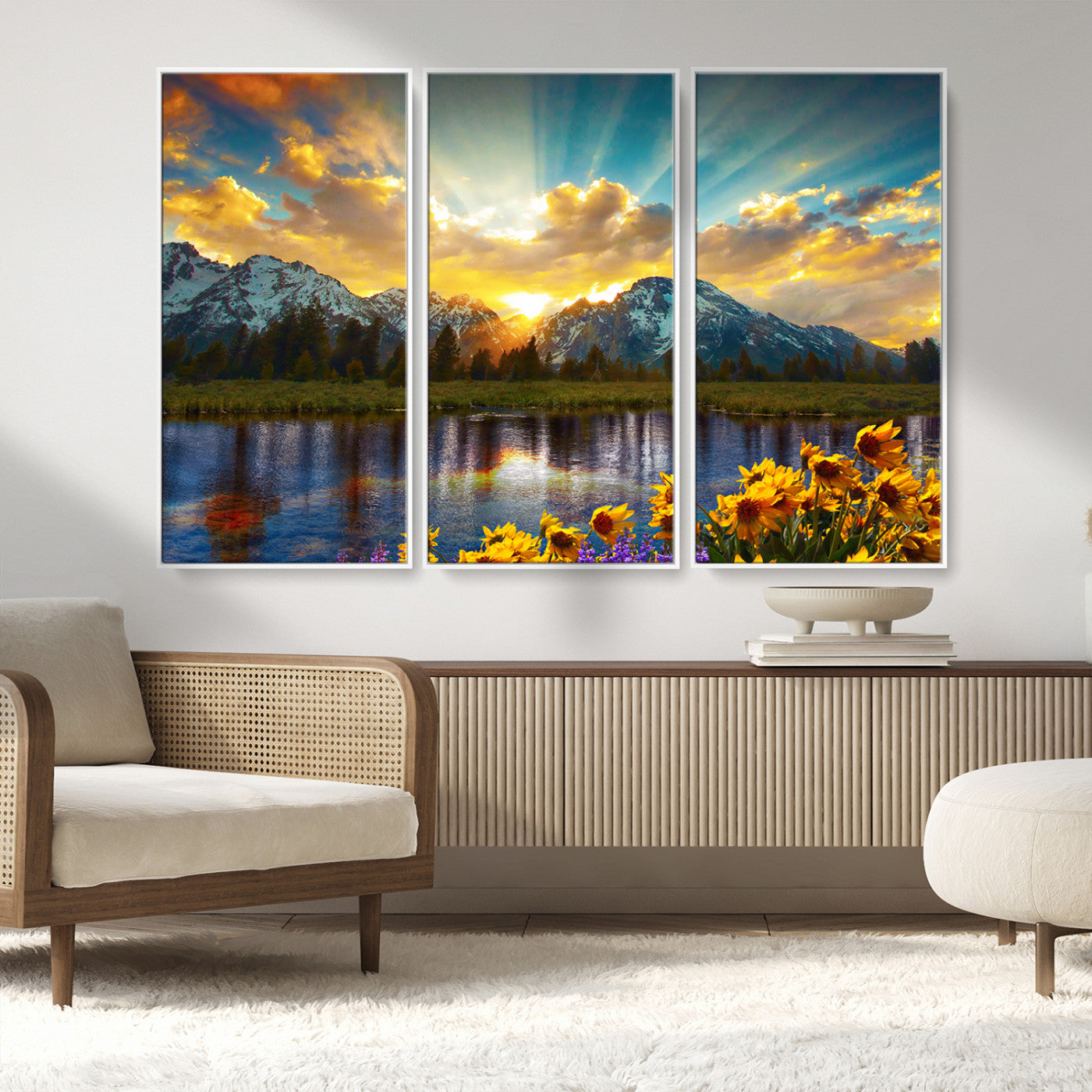 42292-MGV-CV-36X24-Mountain Sunrise Wall Art – Vibrant Landscape Canvas Print with Wildflowers and River Reflection, Nature Scenery Decor for Living Room or Bedroom