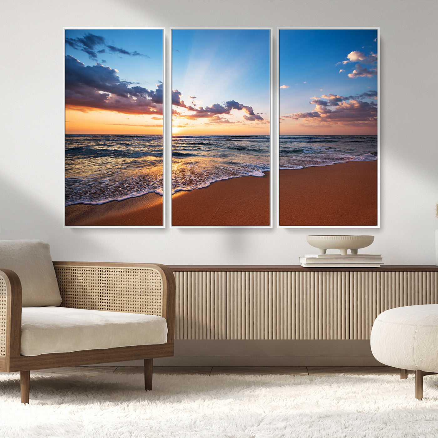 68915-MGV-FC-48X32-3P_White-Golden Hour Beach Sunset Wall Art | Canvas Print | Ready to Hang | Coastal Wall Art for Living Room