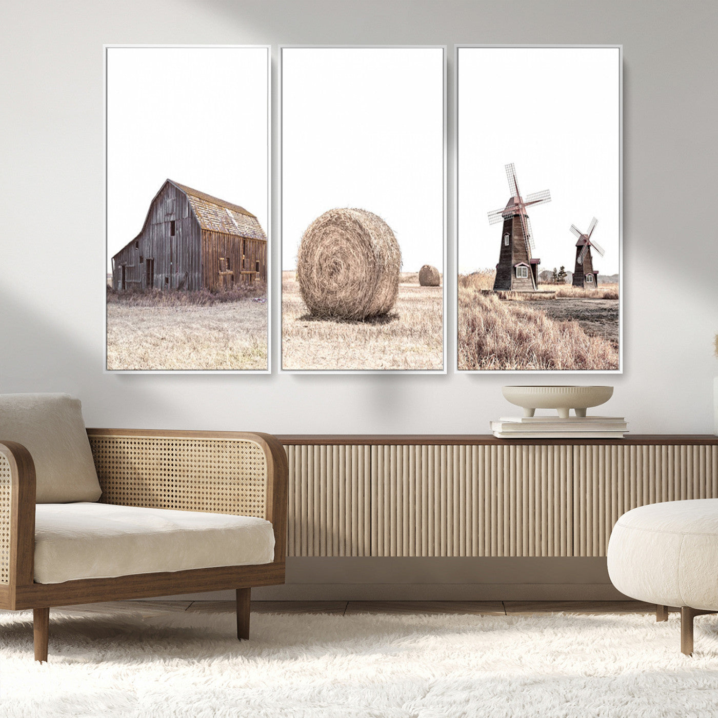 94971-MGV-FC-48X32-3P_White-Farm Prints Set, Set of 3 Farmhouse Wall Art, Country House Decor, Barn Print, Wheat Print,
