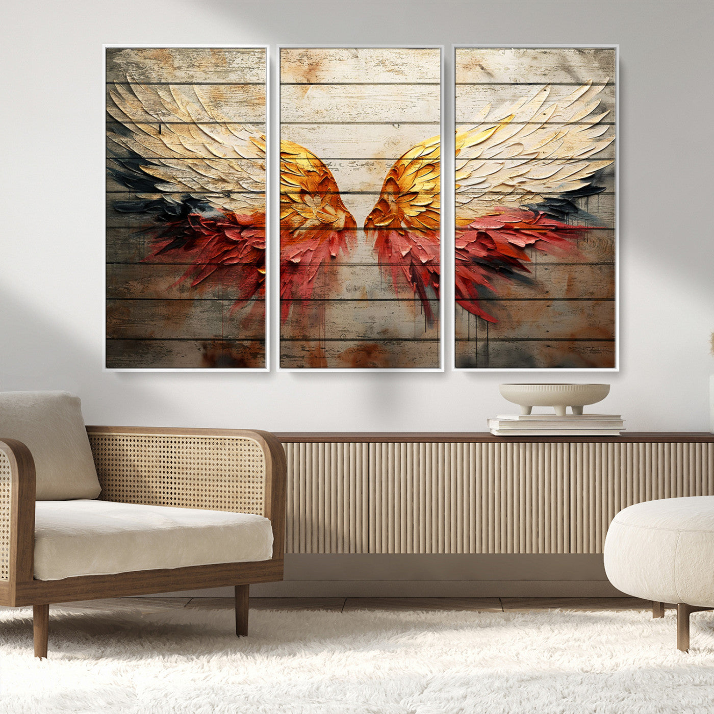 19244-MGV-FC-48X32-3P_White-Abstract Angel Wings Canvas Wall Art – Framed and Ready to Hang Modern Angelic Wings Decor for