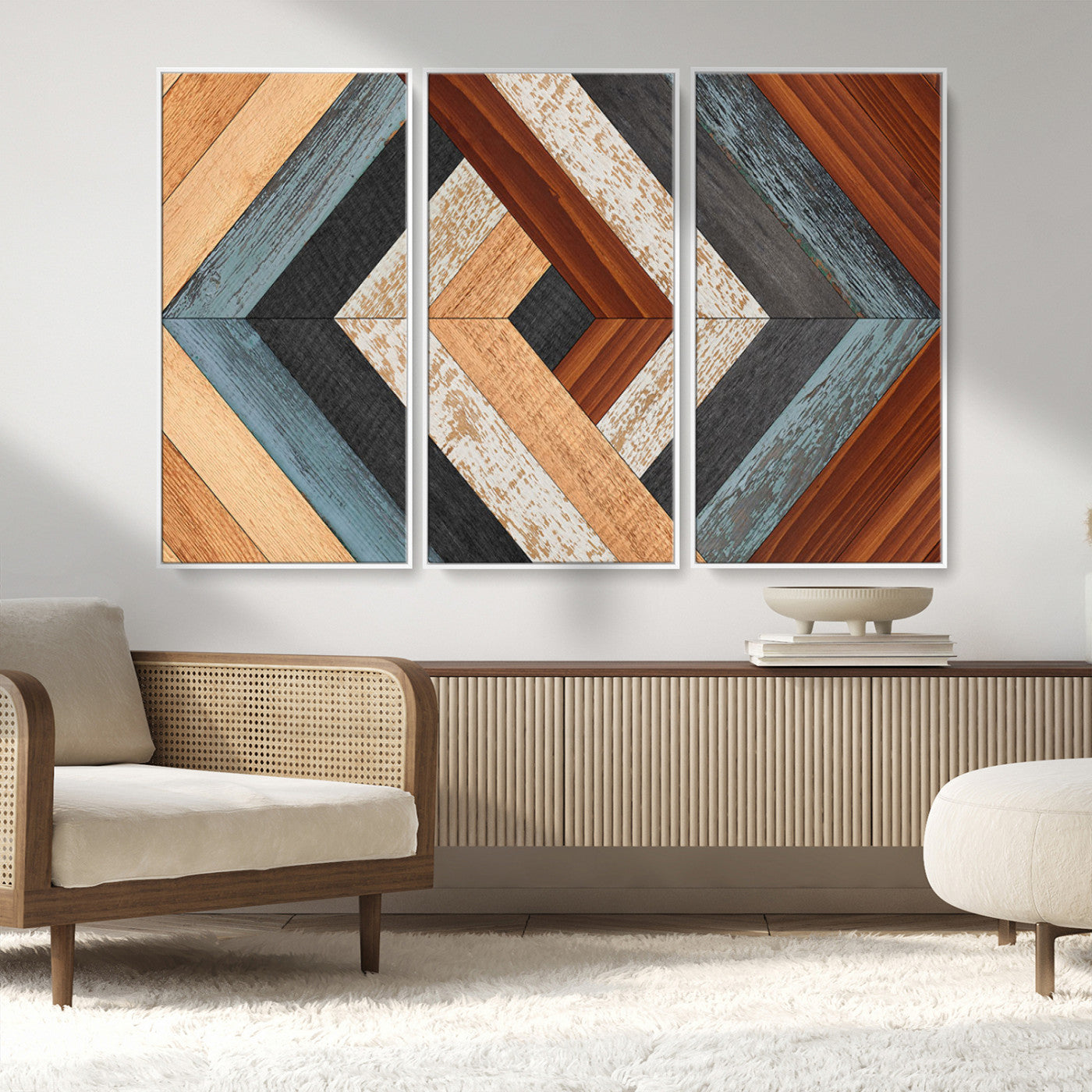 20897-MGV-FC-48X32-3P_White-Geometric Wood Art Wall Decor Canvas Print, Rustic Wooden Pattern Triptych Wall Art for Living Room