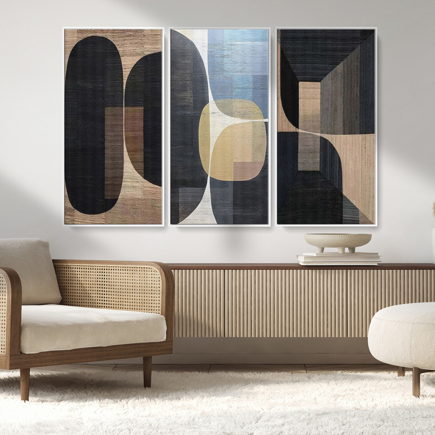 75252-MGV-FC-48X32-3P_White-Minimalist Wabi Sabi Abstract Geometric Wall Art Canvas Print – Modern Minimalist Shapes – Ready to