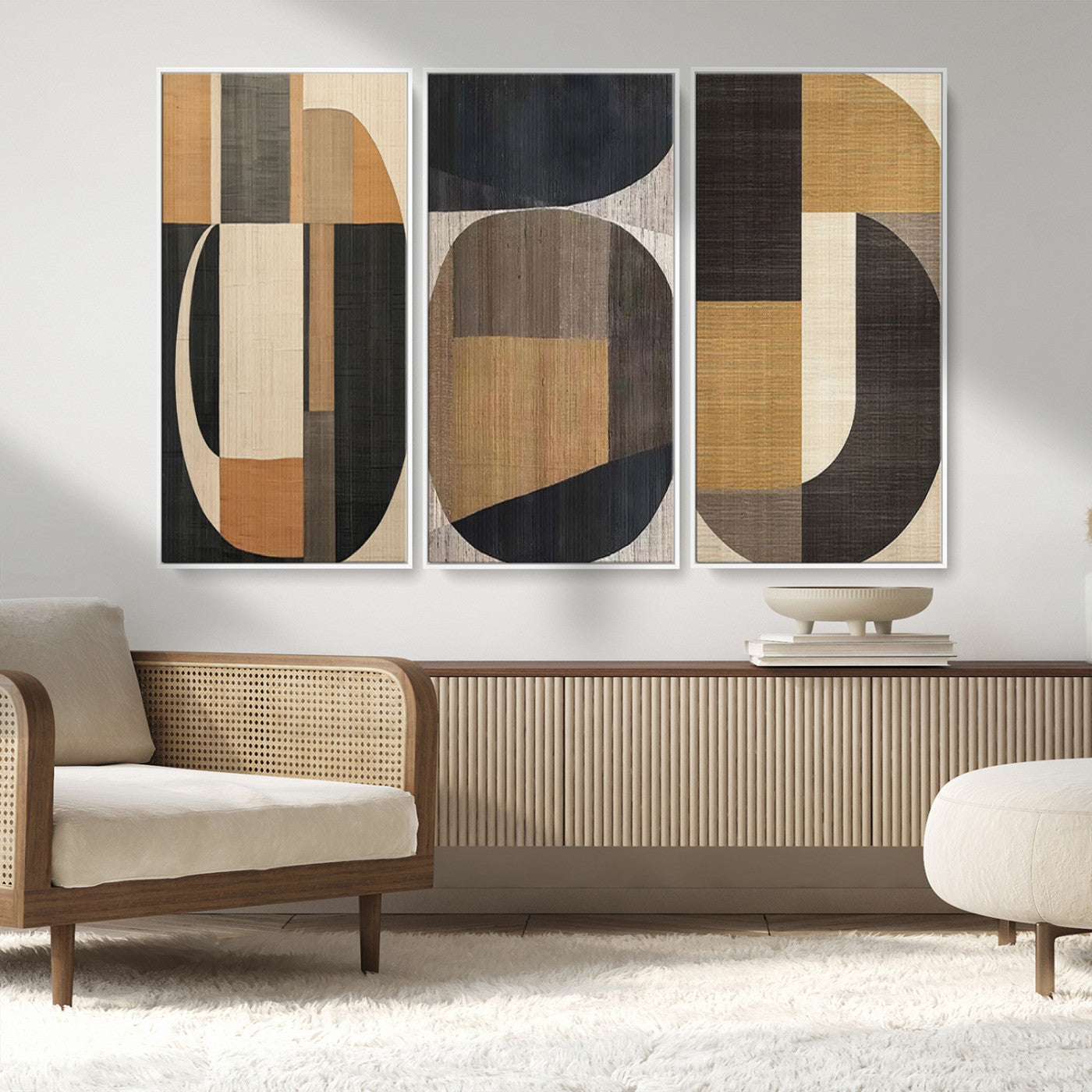 84035-MGV-FC-48X32-3P_White-Modern Brown Wabi Sabi Wall Art Canvas Print Set – Framed Minimalist Abstract Artwork for Home, Office Decor