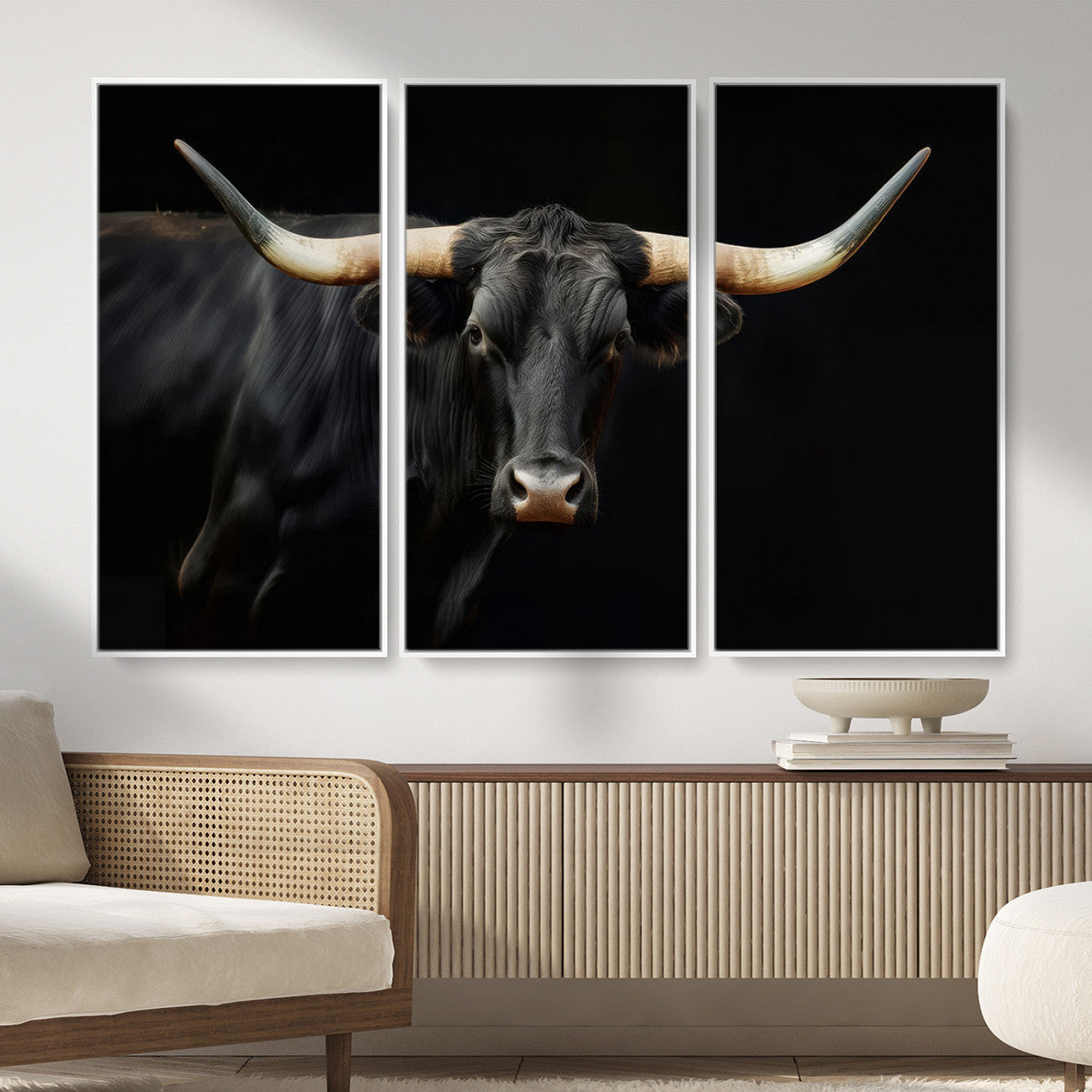 63798-MGV-CV-36X24 - Texas Longhorn Cow | Majestic Black Bull Wall Art Canvas Print - Farmhouse Animal Decor - Ready to
