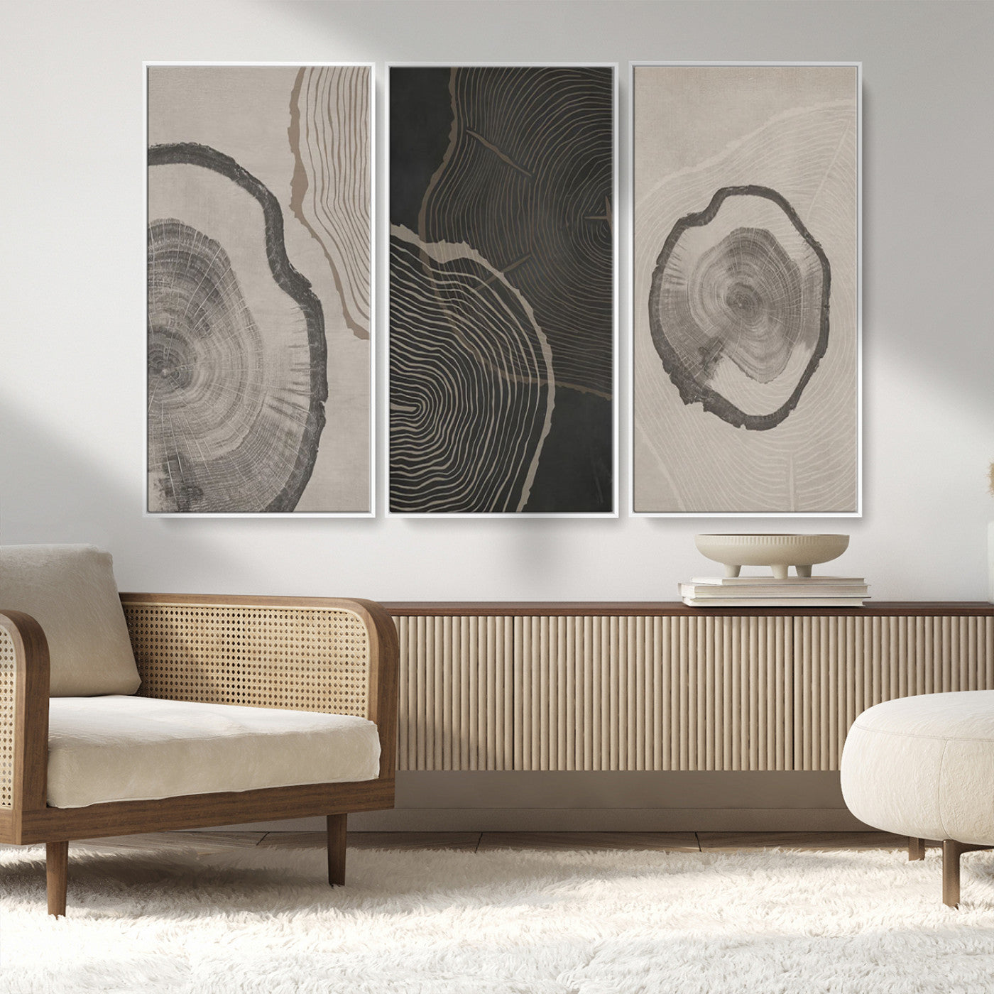 25407-MGV-CV-36X24-Modern Abstract Tree Ring Canvas Art Set | 3 Panel Large Tree Ring Design for Living Room, Office,