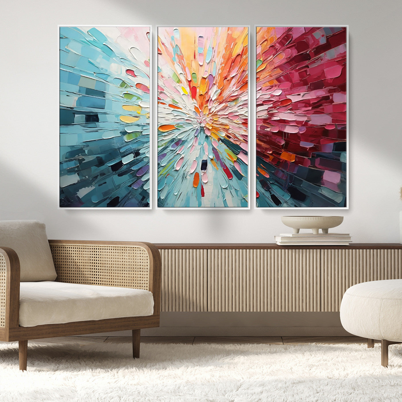 47065-MGV-FC-48X32-3P_White-Radiant Bloom Abstract Floral Wall Art Canvas Print - Colorful Burst - Modern Living Room Decor -