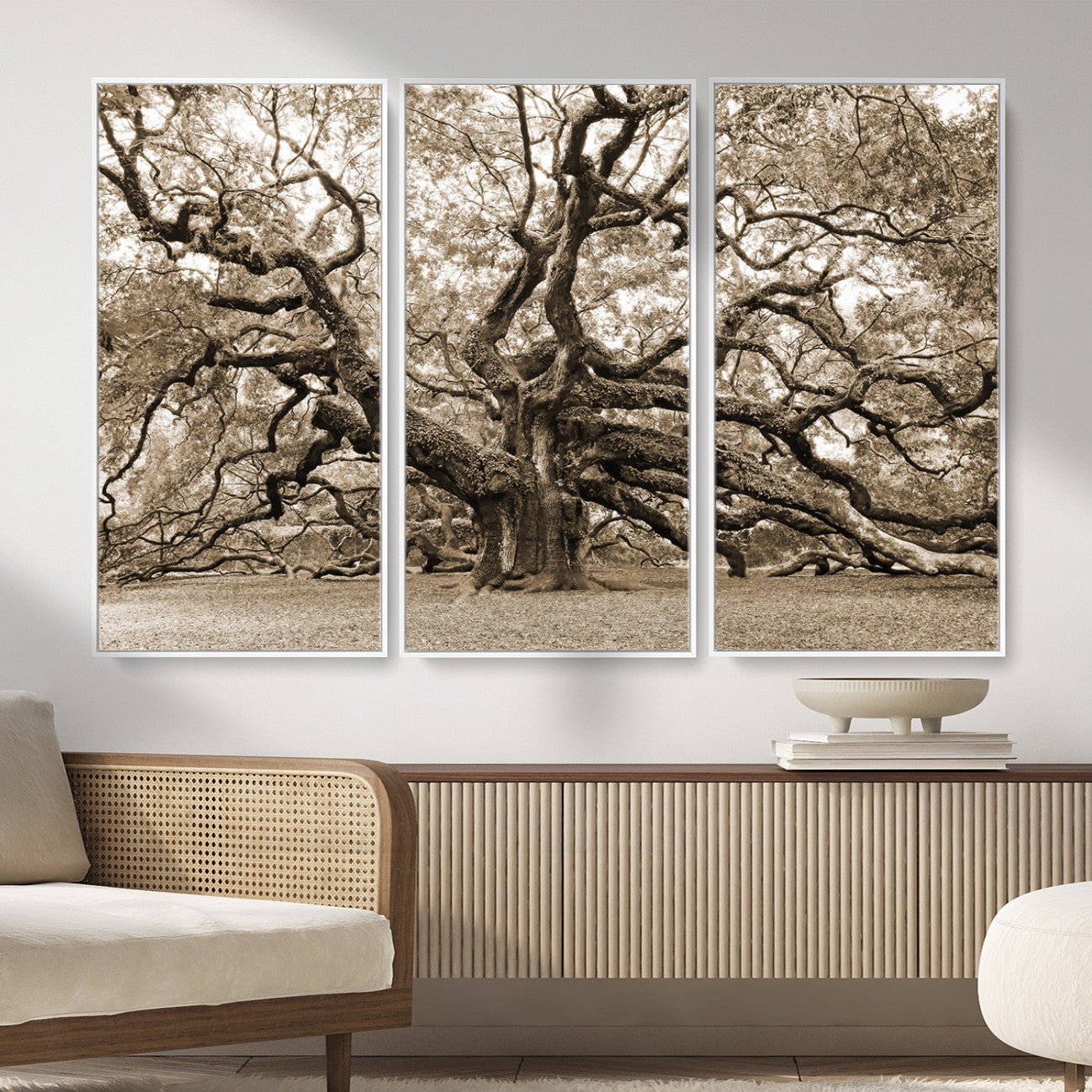 51126-MGV-CV-36X24 - Sepia Framed Angel Oak Tree Wall Art - 3-Panel Canvas Prints, Large Green Nature Artwork, Ready to