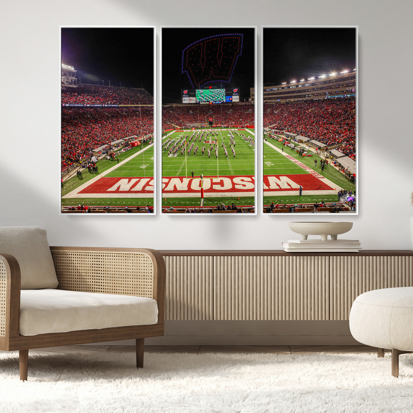 34125-MGV-FC-48X32-3P_White-Wisconsin Badgers Football Team Print Canvas- Madison Camp Randall Stadium Wall Art Canvas Print