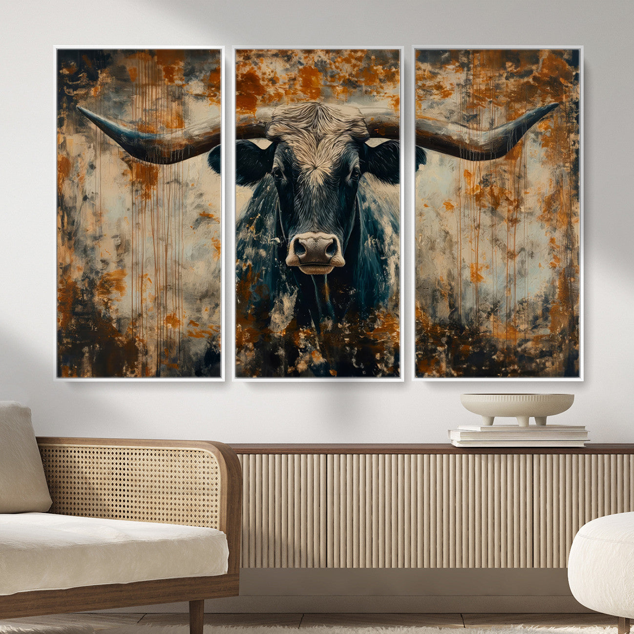 85913-MGV-CV-36X24 - Abstract Longhorn Bull Wall Art | Rustic Western Wall Decor | Framed and Ready to Hang | Ideal for