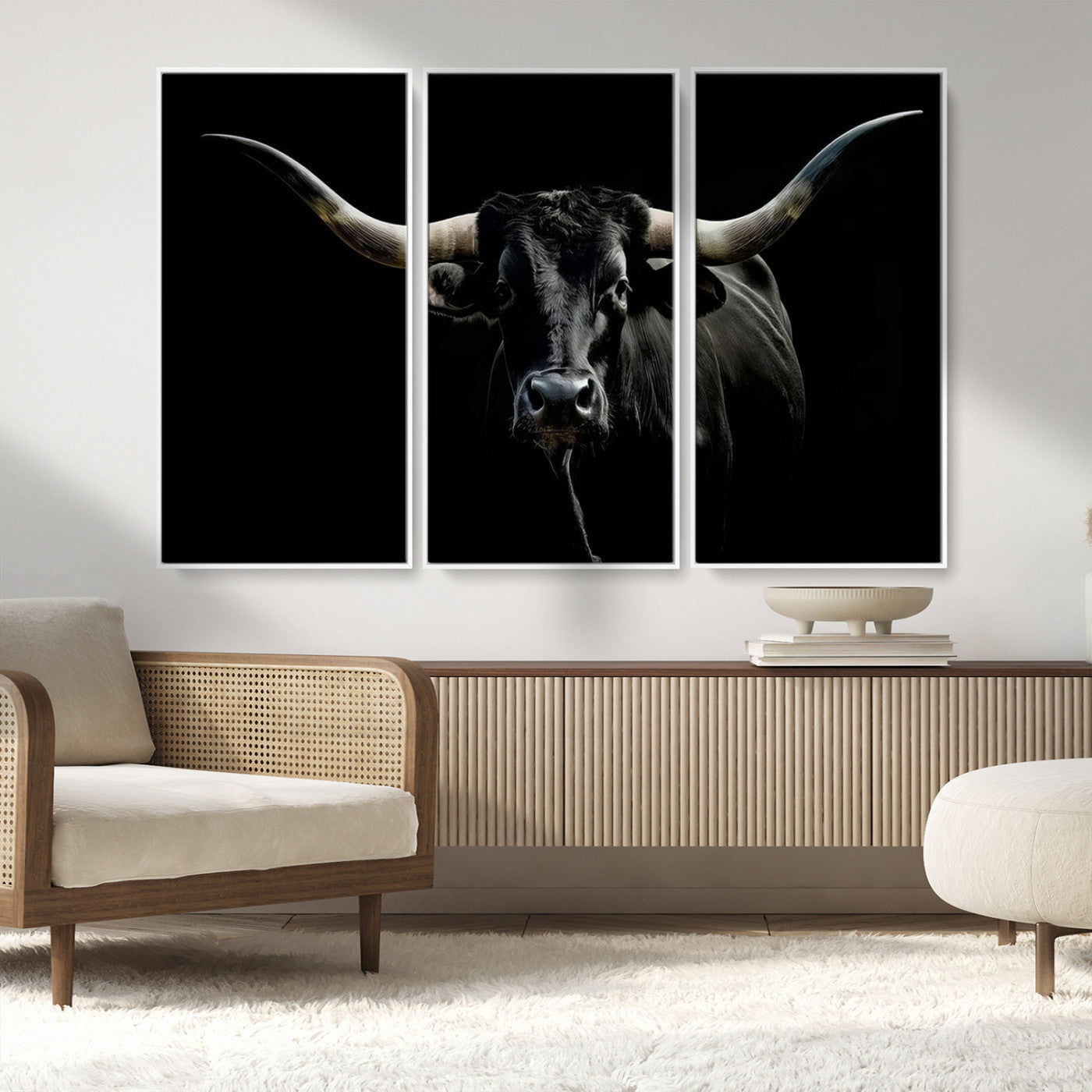 20679-MGV-FC-48X32-3P_White-Texas Black Longhorn Bull Wall Art Canvas Print - Western Texas Cattle Rustic Decor Print - Longhorn