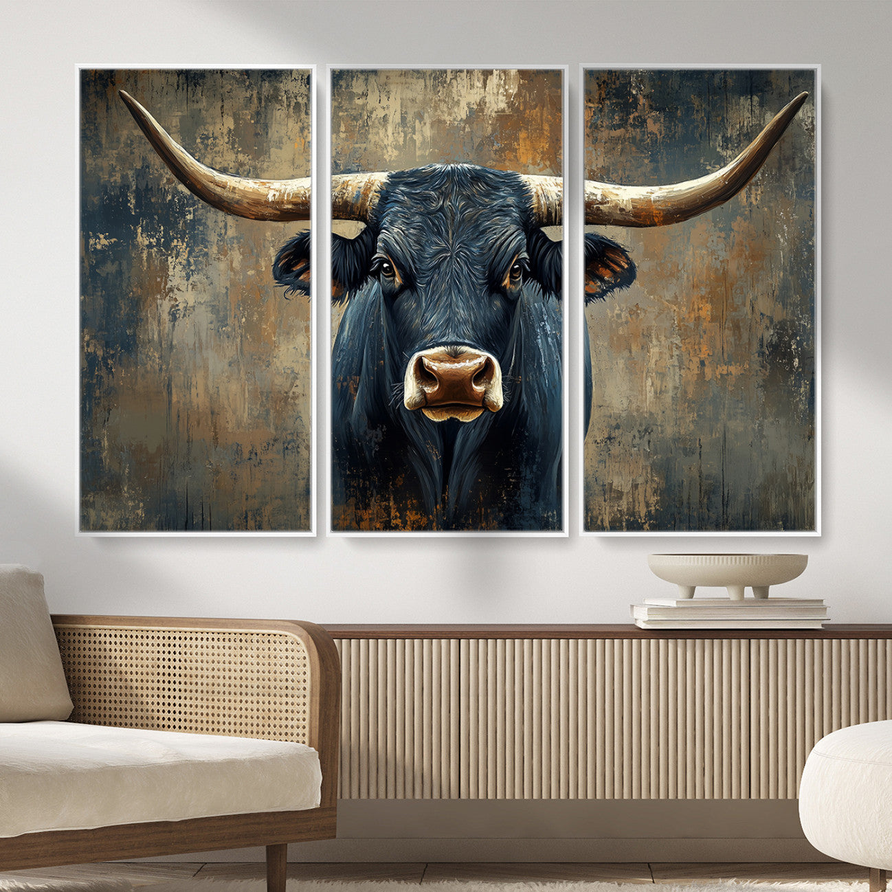42026-MGV-CV-36X24 - Texas Western Wall Art Canvas Print - Abstract Cow Longhorn Bull Wall Art Canvas Print - Rustic Cow