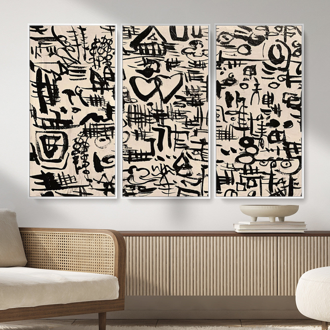 68273-MGV-FC-48X32-3P - Abstract Love and Chaos Canvas Print, Black Symbols on Beige