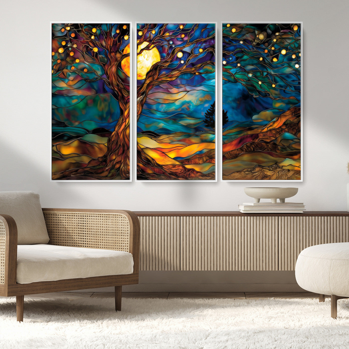 18319-MGV-FC-48X32-3P_White-Tree of Life Wall Art - Yggdrasil Tree of Life Canvas Print - Vibrant Moonlit Tree Wall Art, Tree