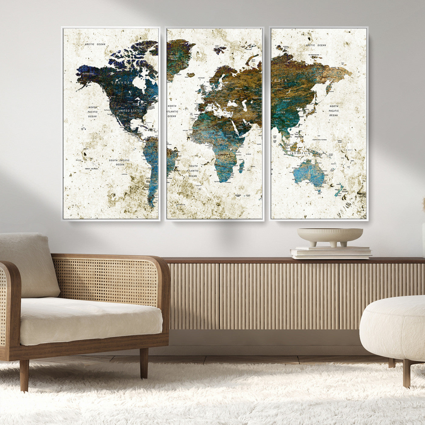 89176-MGV-FC-48X32-3P_White-Vintage Blue and Brown World Map Canvas Wall Art – Framed Rustic Map Print, Earth Tone Travel Decor for Stylish Home and Office Walls