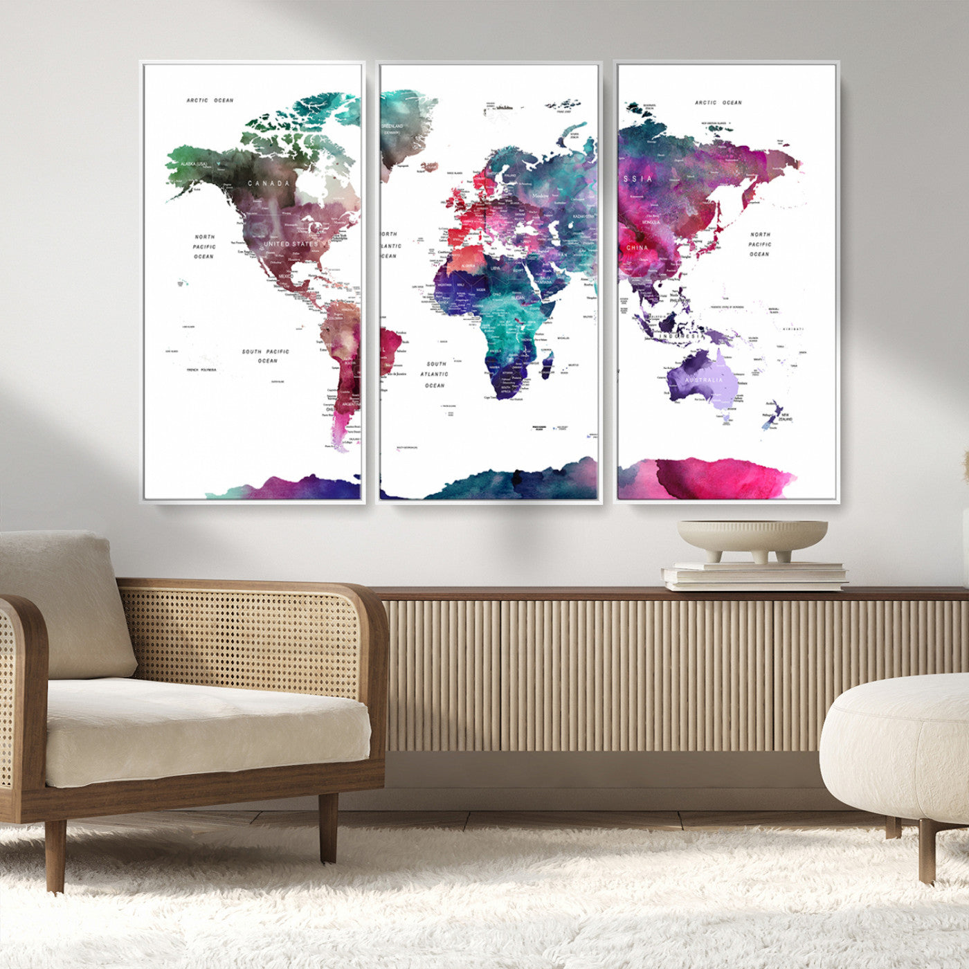 78176-MGV-FC-48X32-3P_White-Colorful Watercolor World Map Canvas Wall Art – Framed Modern Map Print, Vibrant Travel Inspired Artwork for Home and Office Decor