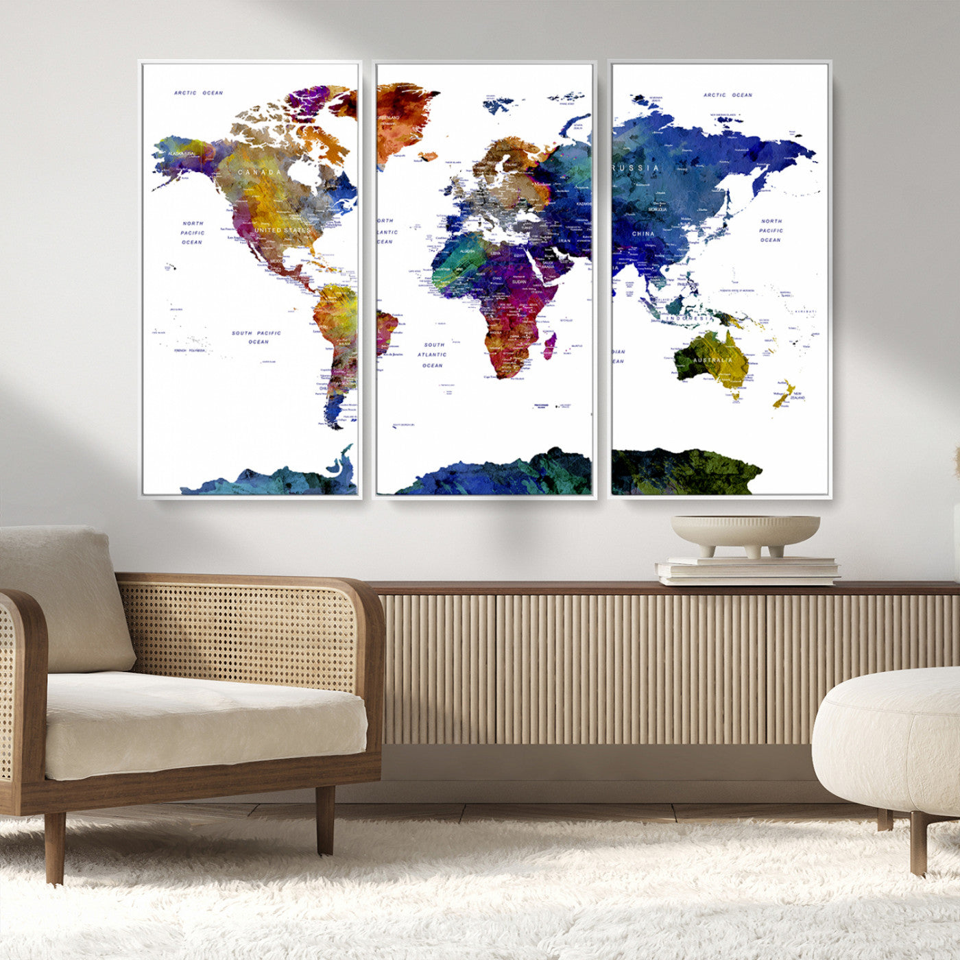 90446-MGV-FC-48X32-3P_White-Colorful Watercolor World Map Canvas Wall Art – Framed Modern Push Pin Travel Map for Home and Office Decor
