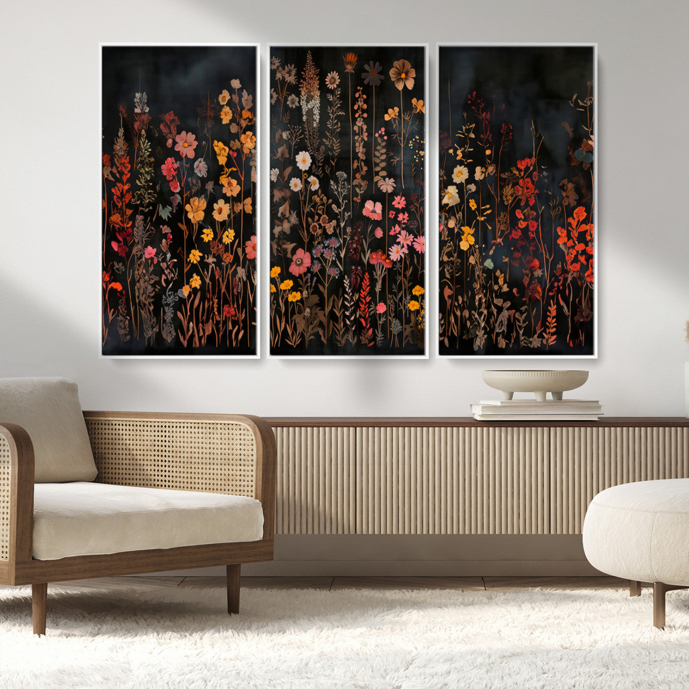 AbstFLF-MGV-FC-48X32-3P_White-Large Floral Painting Print Illustration Flowers Canvas Wall Art Botanical Wall Decor Modern