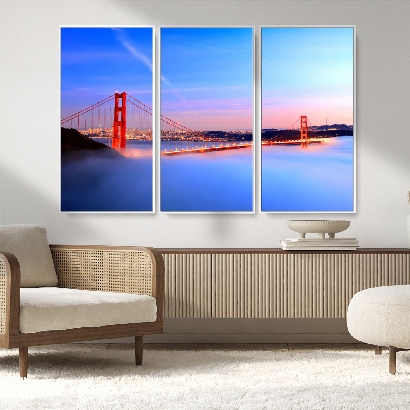 MGV-FC-48X32-3P - Golden Gate Bridge Wall Art Print, San Francisco Sunset Canvas Wall Art, Cityscape Canvas Print for