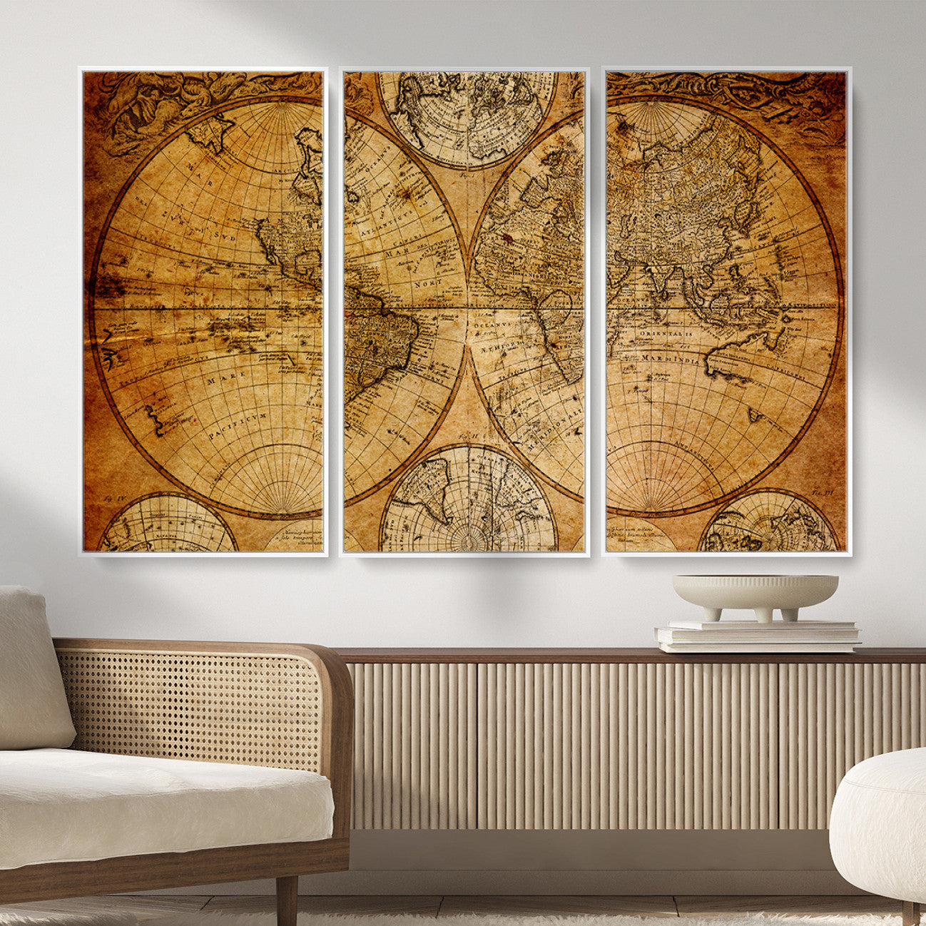 25517-MGV-FC-48X32-3P - Vintage World Map Canvas Print – Antique Push Pin Travel Map, Framed Wall Art for Home or Office Decor