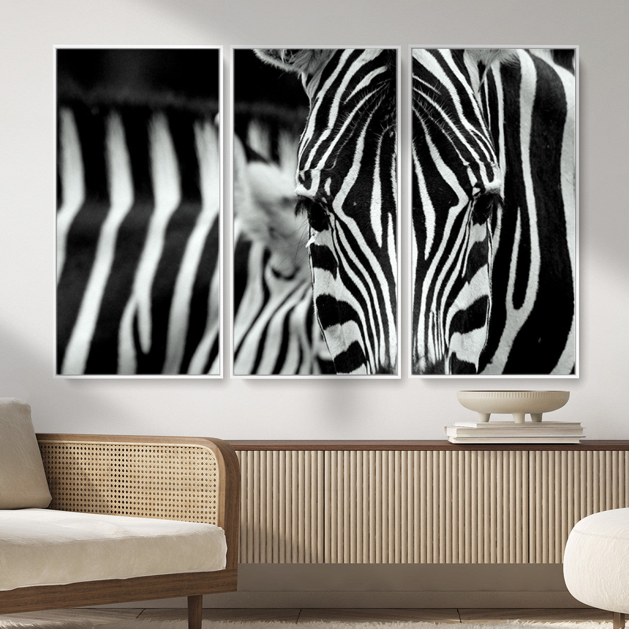MGV-FC-48X32-3P - Zebra Wall Art – Close Up Black and White Animal Print, Bold Safari Decor for Living Room, Office, or Bedroom