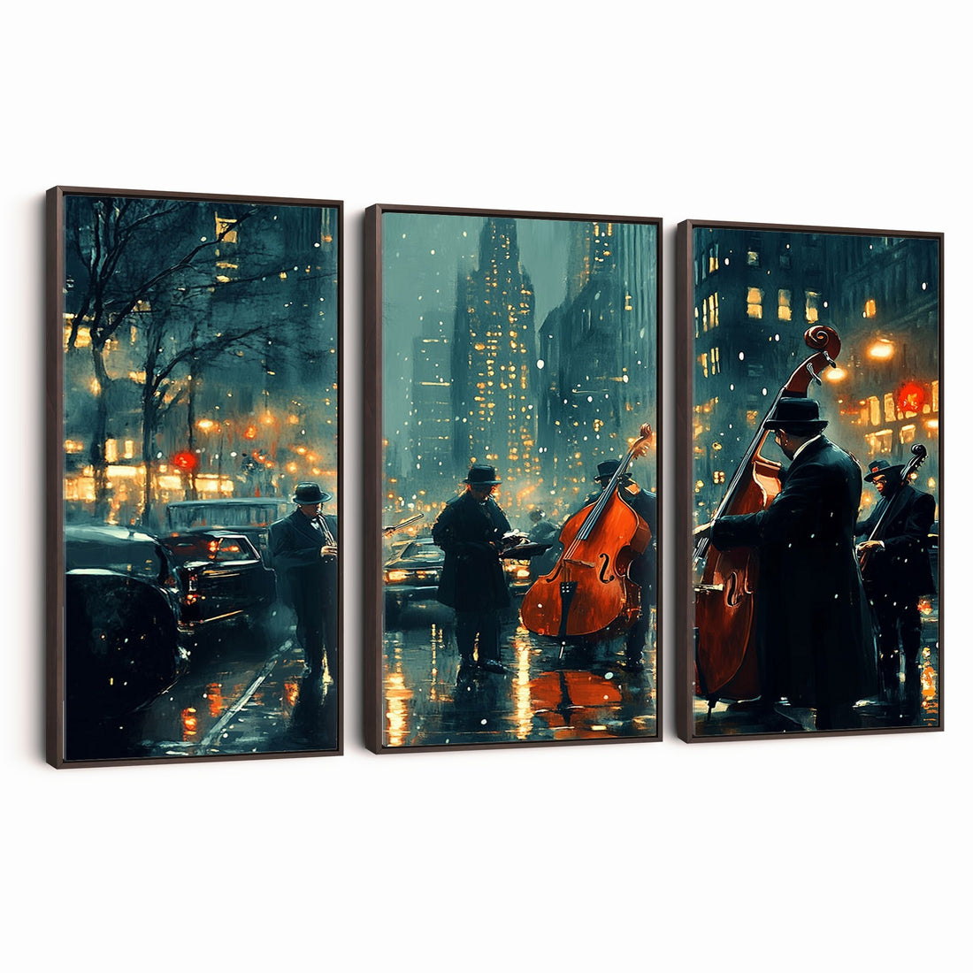 Urban Night Jazz Wall Art Canvas Print | Moody Rain Soaked City Street Band Scene