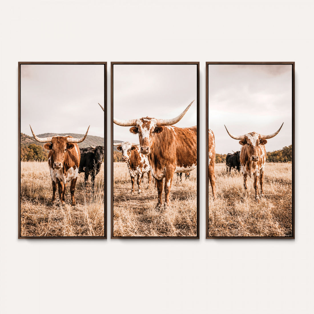 Texas Longhorn Cattle Wall Art Canvas Print, Sepia Western Decor