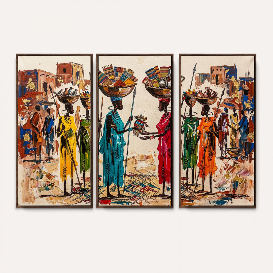 African Folk Art Canvas Wall Art, Colorful African Women Village Painting Print