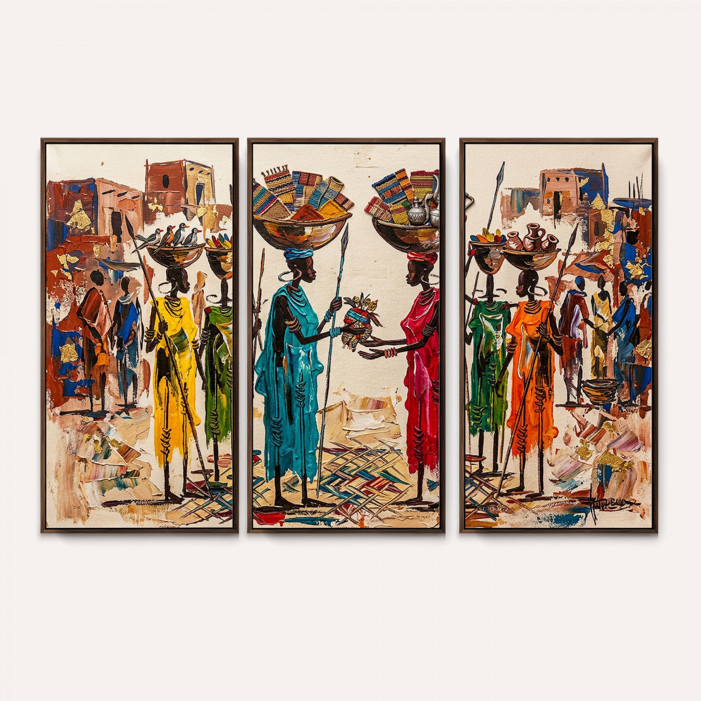 54818657-MGV-CV-36X24 - African Folk Art Canvas Wall Art, Colorful African Women Village Painting Print, Tribal Ethnic Home Decor, Vibrant African Art, Living Room