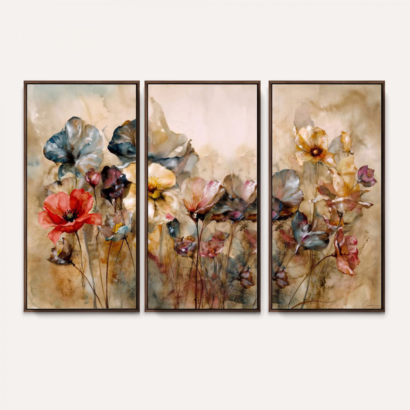 11407233-MGV-CV-36X24 - Vintage Dried Floral Meadow Wall Art Canvas Print, Translucent Watercolor Flowers Painting Print