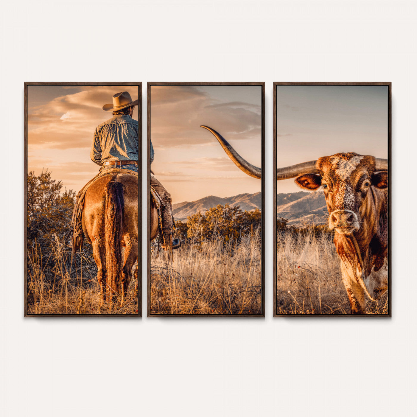 62076449C-MGV-CV-36X24 - Texas Cowboy and Longhorn Bull Print for Western Wall Art Decor for Farmhouse