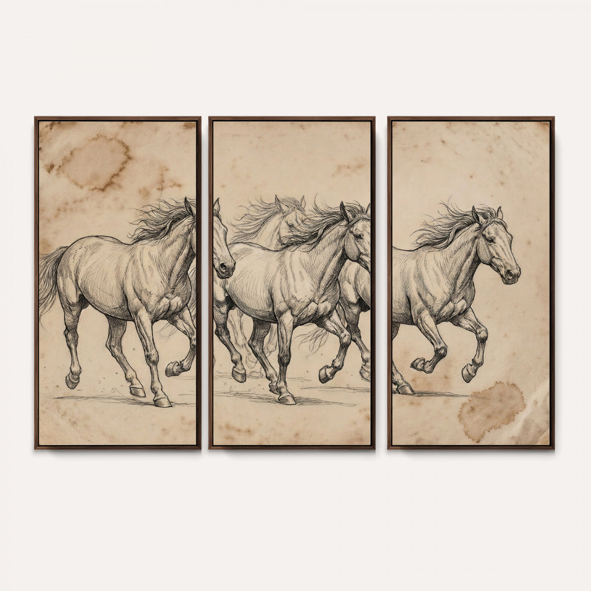 56046981-MGV-CV-36X24 - Sepia Wild Horses Canvas Art, Antique Pencil Drawing Print, Vintage Gallery Wall Decor, Rustic Equestrian Artwork, Traditional Den Gift