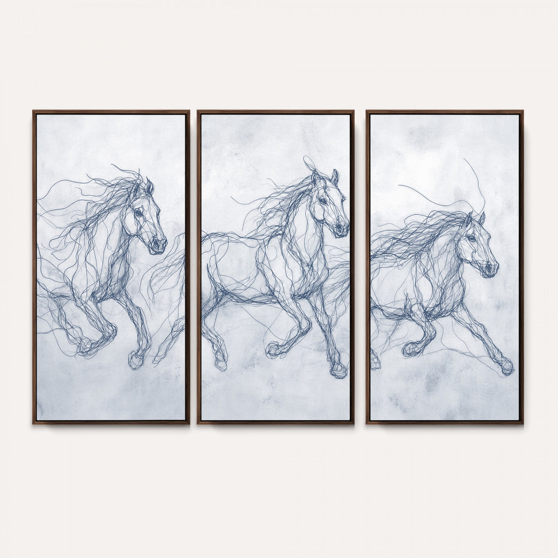Indigo Blue Horse Line Art Canvas, Steel Grey Wild Horses Print, Modern Equine Wall Decor