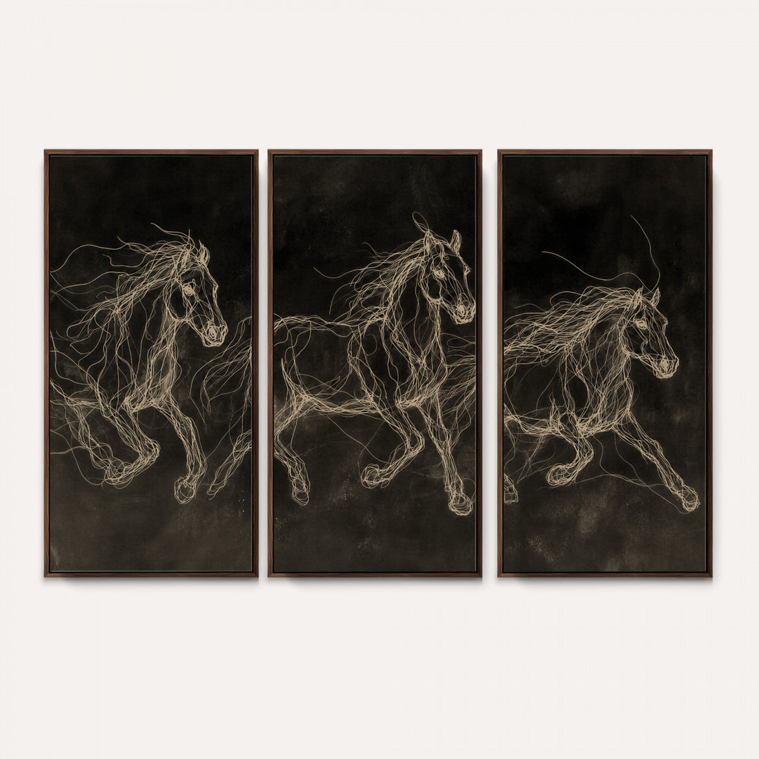Dark Horse Line Art Canvas, Gold Scribble Wild Horses Print, Black Chalkboard Style Decor