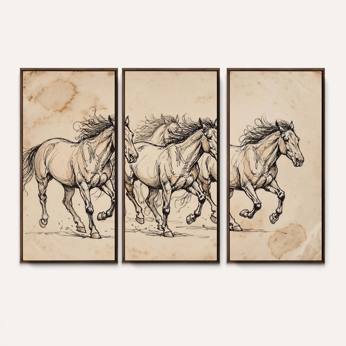 18242163-MGV-CV-36X24 - Vintage Horse Sketch Canvas Wall Art, Wild Horses Pencil Drawing Print, Antique Parchment Western Decor, Equine Sketching, Country Manor Gift