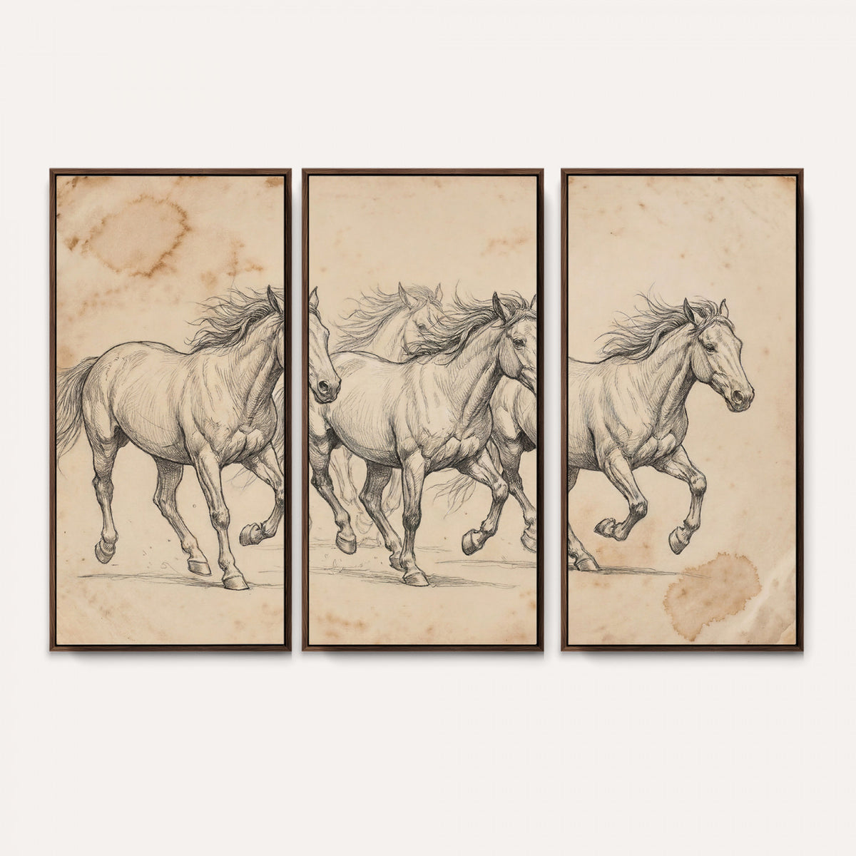 16644391-MGV-CV-36X24 - Vintage Horse Sketch Canvas Wall Art, Wild Horses Pencil Drawing Print, Antique Parchment Western Decor, Equine Sketching, Country Manor Gift