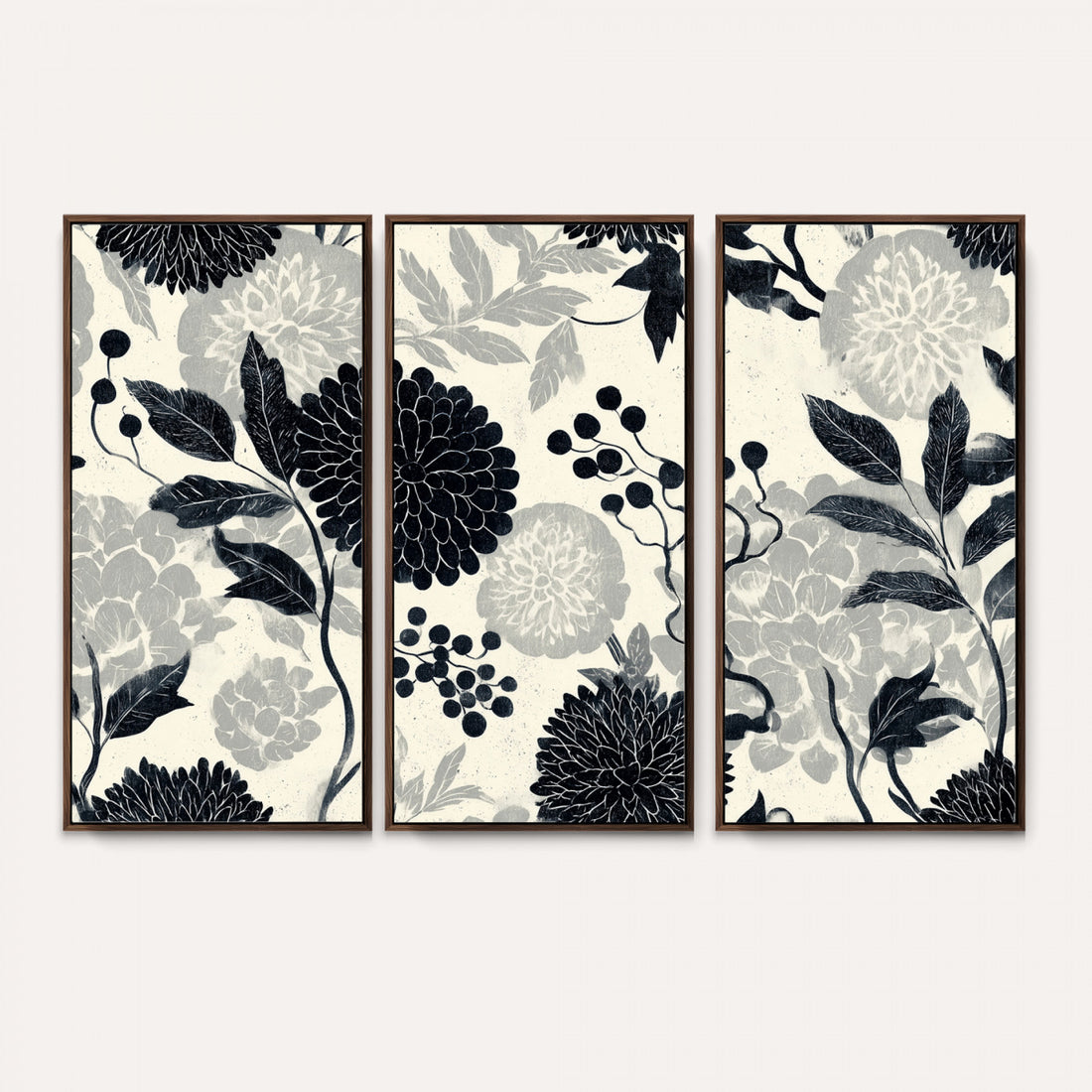 Traditional Chinese Pattern Canvas Wall Art, Vintage Chinoiserie Peony Print, Antique Black Grey Japandi Decor