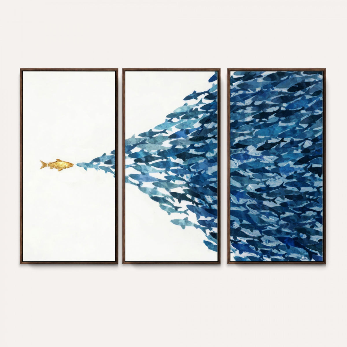 79089639-MGV-CV-36X24 - Abstract Blue Fish School Canvas Wall Art, Gold Foil Accent Marine Print