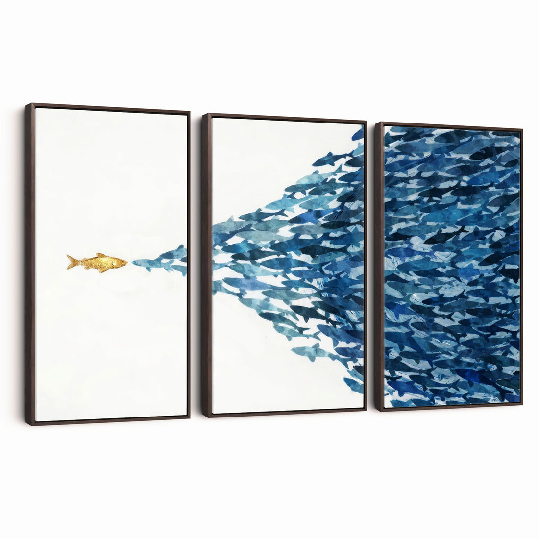 Abstract Blue Fish School Canvas Wall Art, Gold Foil Accent Marine Print
