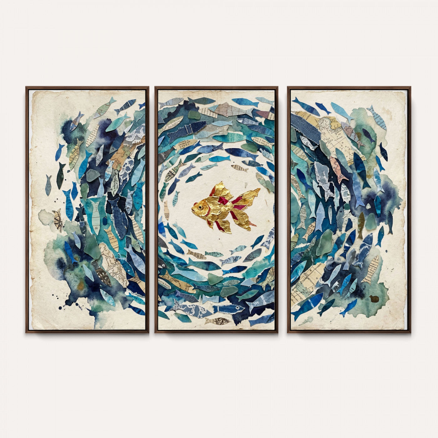 73165663-MGV-CV-36X24 - Mixed Media Blue Fish Swirl Canvas Wall Art, Goldfish Collage Ocean Print