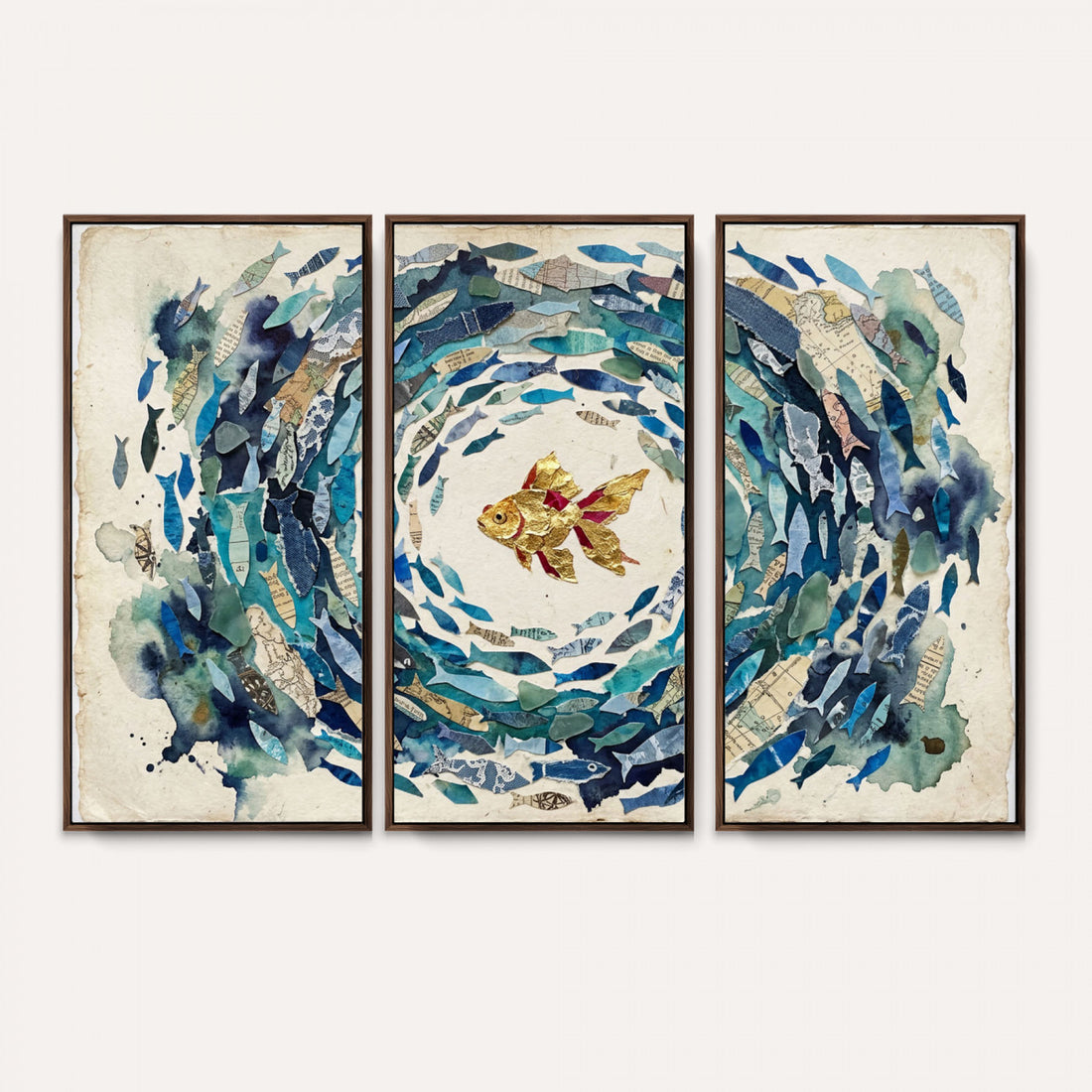 Mixed Media Blue Fish Swirl Canvas Wall Art, Goldfish Collage Ocean Print
