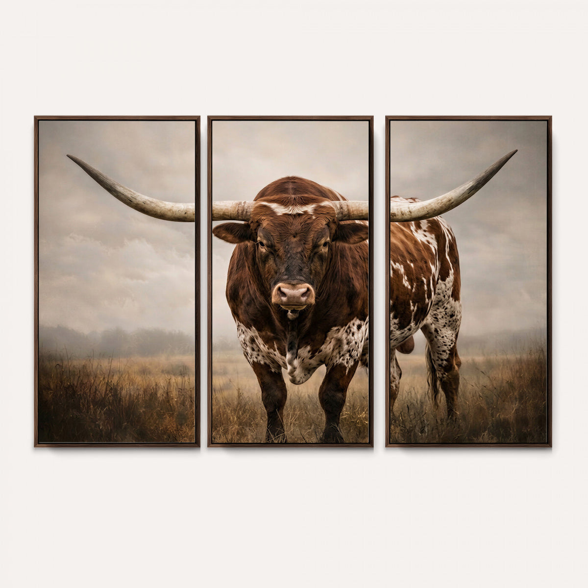 25239047A-MGV-CV-36X24 - Texas Longhorn Canvas Wall Art Western Bull Desert Moody Grey Overcast Rustic Farmhouse Framed Large for Living Room Bedroom Office Decor