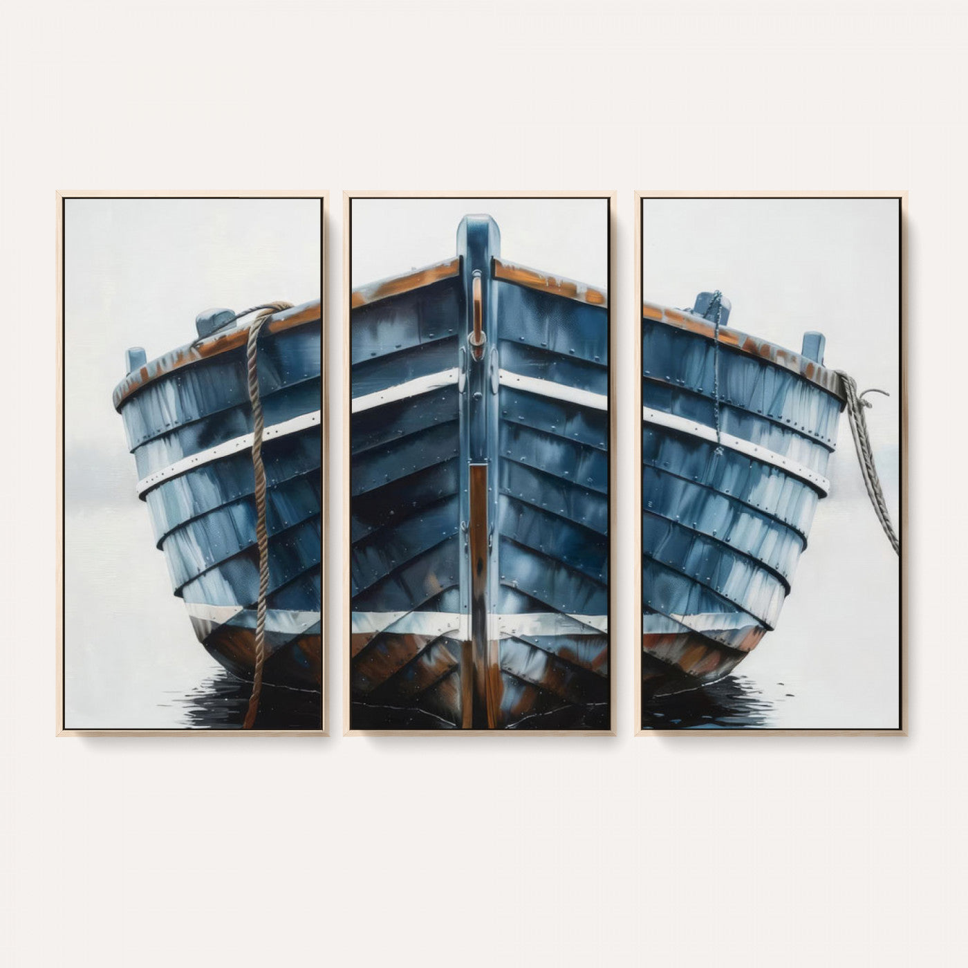 21601740-MGV-CV-36X24 - Blue Wooden Rowboat Canvas Wall Art, Coastal Nautical Boat Painting Print for Lake Beach House Decor, Minimalist Maritime Decor Artwork