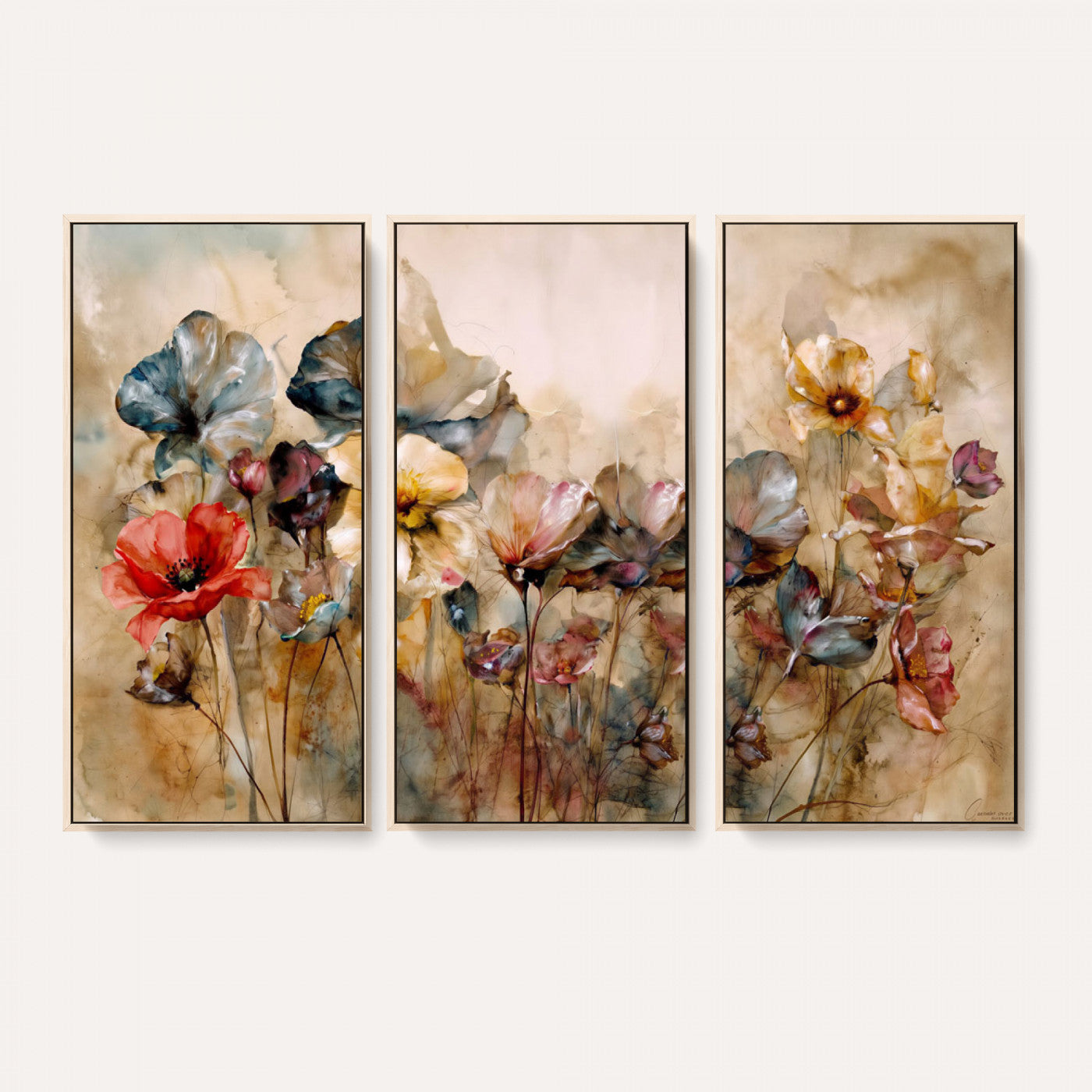 11407233-MGV-CV-36X24 - Vintage Dried Floral Meadow Wall Art Canvas Print, Translucent Watercolor Flowers Painting Print