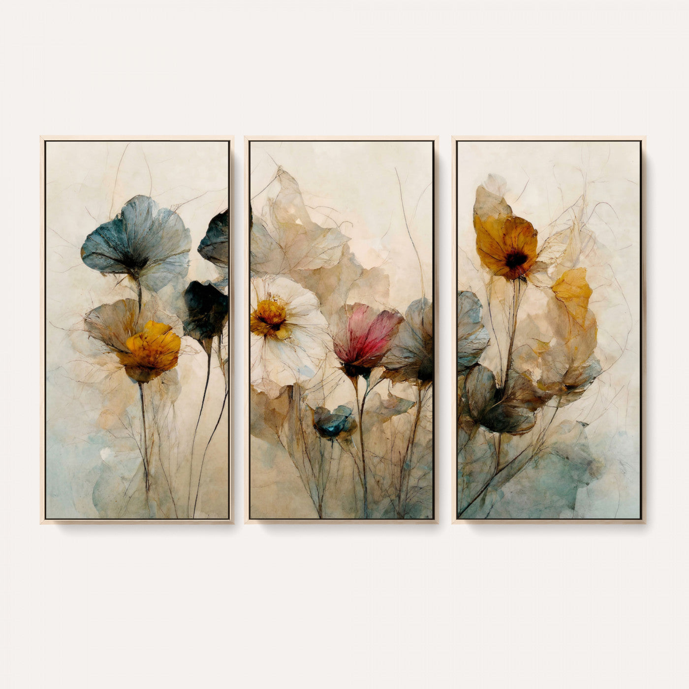 86802229-MGV-CV-36X24 - Vintage Dried Floral Meadow Wall Art Canvas Print, Translucent Watercolor Flowers Painting Print