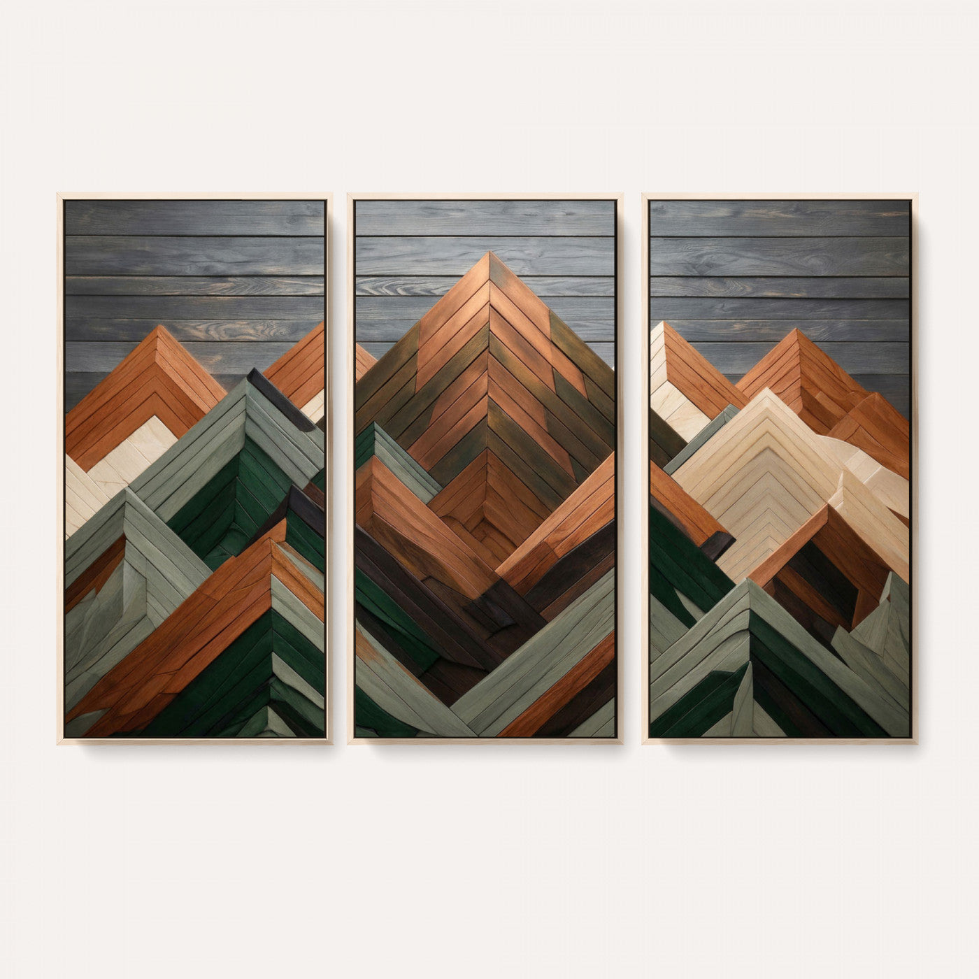 84617347-MGV-CV-36X24 - Geometric Wood Mountain Wall Art Canvas Print, 3D Look Rustic Mosaic Landscape Print