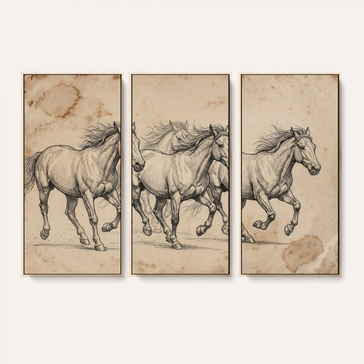 56046981-MGV-CV-36X24 - Sepia Wild Horses Canvas Art, Antique Pencil Drawing Print, Vintage Gallery Wall Decor, Rustic Equestrian Artwork, Traditional Den Gift