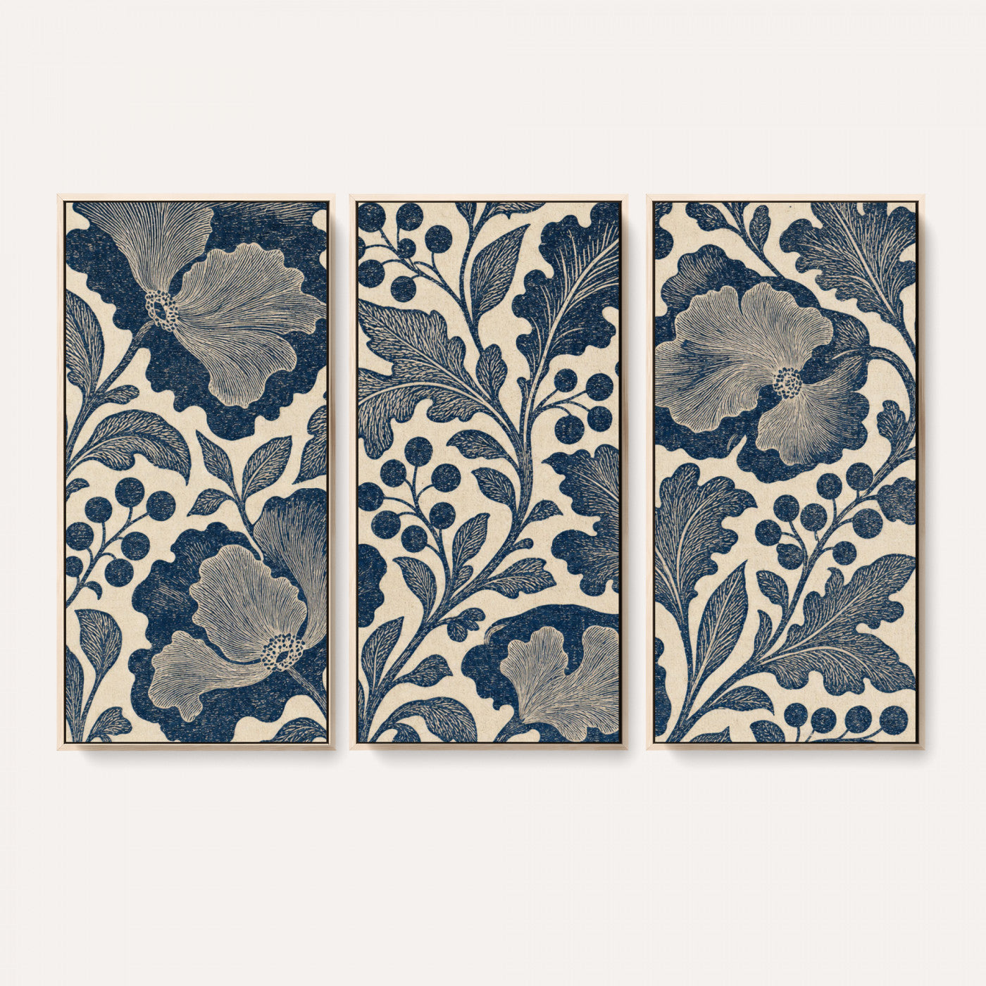 23824002-MGV-CV-36X24 - William Morris Style Navy Blue Floral Wall Art Canvas Print, Vintage Cream Botanical Painting Print